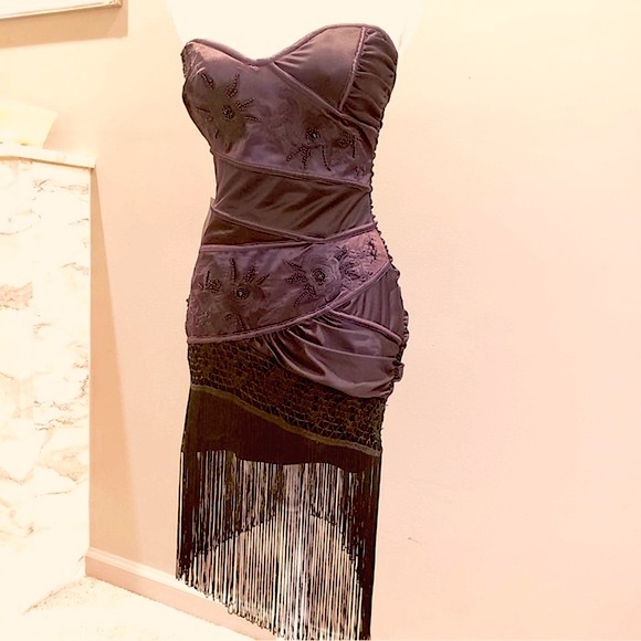 NWT BEBE Beaded Black Fringe Flapper Dress - Picture 4 of 13